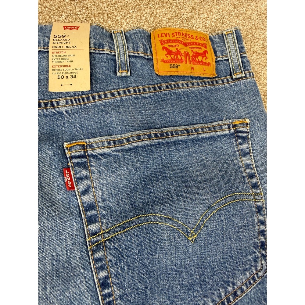NEW Levis 559 Relaxed Straight Mens Blue Stretch Jeans 50x34 Irregular Workwear